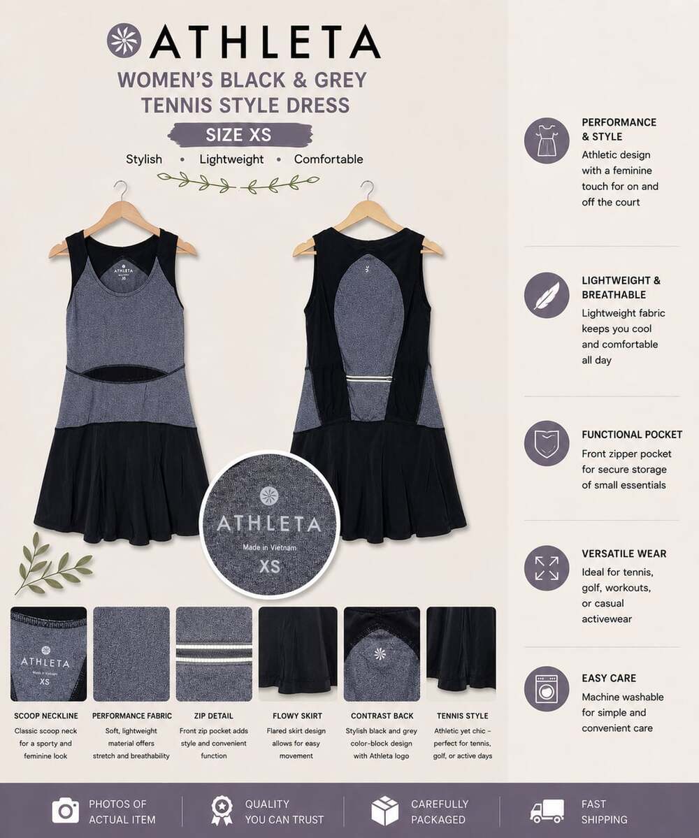 Athleta Women's Black & Grey Sleeveless Tennis Dress with Zip Pocket Size XS
